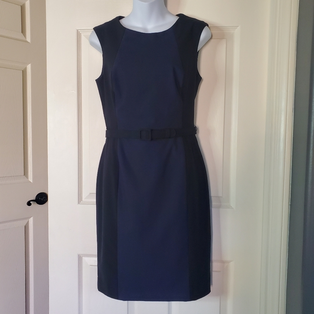 Blue Black Wool Blend Midi Dress Career Office Sleeveless Formal Colorblock Belt
